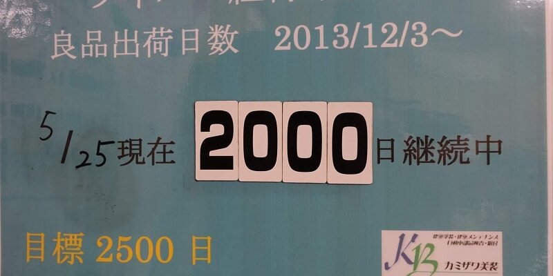 ワイパー不良流出ゼロ2000日継続